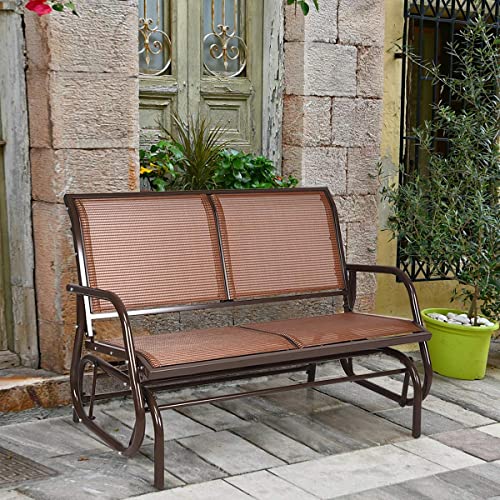 Giantex Swing Glider Chair 48 Inch with Spacious Space, 2 People Swing Lounge Glider Chair Cozy Patio Bench Outdoor & Indoor for Patio, Backyard, Poolside, Lawn Steel Rocking Garden Loveseat (Brown)