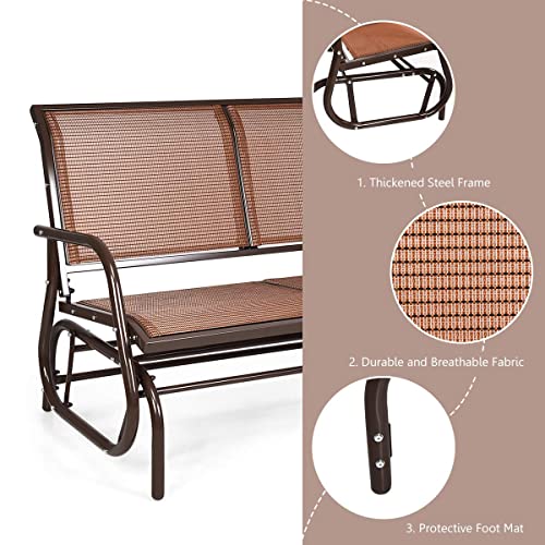 Giantex Swing Glider Chair 48 Inch with Spacious Space, 2 People Swing Lounge Glider Chair Cozy Patio Bench Outdoor & Indoor for Patio, Backyard, Poolside, Lawn Steel Rocking Garden Loveseat (Brown)