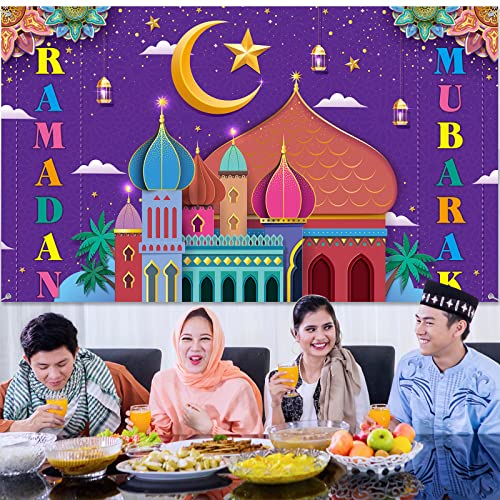 Ramadan Mubarak Decorations Backdrop Banner Muslim Ramadan Kareem Background Eid Mubarak Sign Photo Booth Backdrop Background for Home Muslim Ramadan Eid Al Fitr Party Supplies (Colorful)