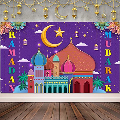 Ramadan Mubarak Decorations Backdrop Banner Muslim Ramadan Kareem Background Eid Mubarak Sign Photo Booth Backdrop Background for Home Muslim Ramadan Eid Al Fitr Party Supplies (Colorful)