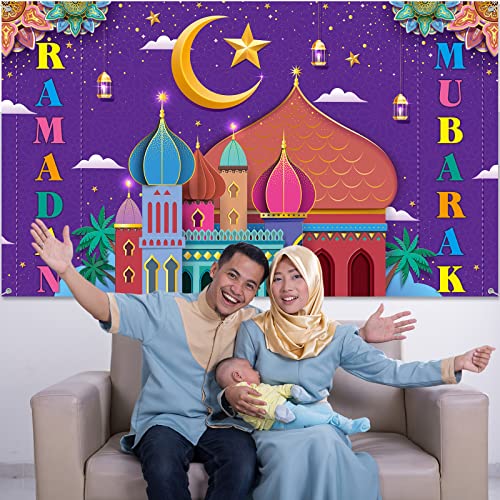 Ramadan Mubarak Decorations Backdrop Banner Muslim Ramadan Kareem Background Eid Mubarak Sign Photo Booth Backdrop Background for Home Muslim Ramadan Eid Al Fitr Party Supplies (Colorful)