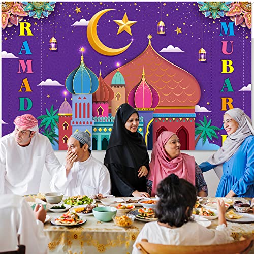 Ramadan Mubarak Decorations Backdrop Banner Muslim Ramadan Kareem Background Eid Mubarak Sign Photo Booth Backdrop Background for Home Muslim Ramadan Eid Al Fitr Party Supplies (Colorful)