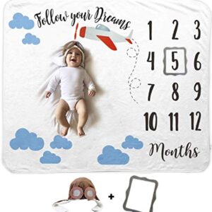 Baby Monthly Milestone Blanket | Includes Felt Frame and Baby Aviator Hat | 1 to 12 Months | Premium Extra Soft Fleece | Best Photography Backdrop Prop for Newborn Boy & Girl (Airplane Blanket)