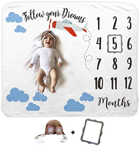 Baby Monthly Milestone Blanket | Includes Felt Frame and Baby Aviator Hat | 1 to 12 Months | Premium Extra Soft Fleece | Best Photography Backdrop Prop for Newborn Boy & Girl (Airplane Blanket)