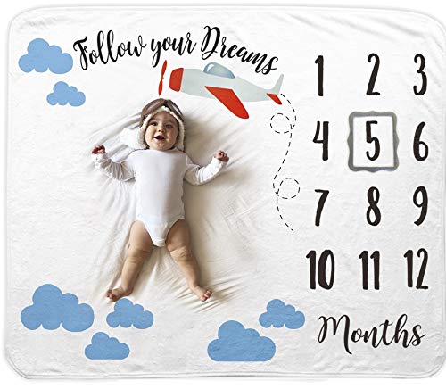 Baby Monthly Milestone Blanket | Includes Felt Frame and Baby Aviator Hat | 1 to 12 Months | Premium Extra Soft Fleece | Best Photography Backdrop Prop for Newborn Boy & Girl (Airplane Blanket)