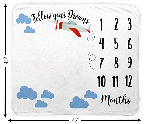 Baby Monthly Milestone Blanket | Includes Felt Frame and Baby Aviator Hat | 1 to 12 Months | Premium Extra Soft Fleece | Best Photography Backdrop Prop for Newborn Boy & Girl (Airplane Blanket)