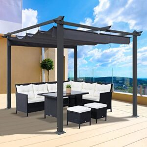 Outdoor Patio Retractable Pergola, Black Steel Frame with Gray Adjustable Sling Canopy Sunshelter Pergola for Gardens, Terraces, Backyard (10 Ft x 10 Ft, Gray)