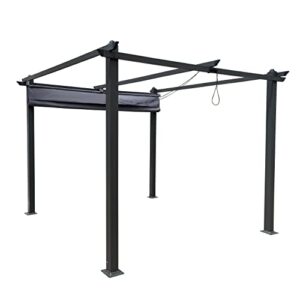 Outdoor Patio Retractable Pergola, Black Steel Frame with Gray Adjustable Sling Canopy Sunshelter Pergola for Gardens, Terraces, Backyard (10 Ft x 10 Ft, Gray)