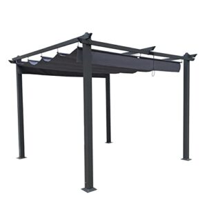 Outdoor Patio Retractable Pergola, Black Steel Frame with Gray Adjustable Sling Canopy Sunshelter Pergola for Gardens, Terraces, Backyard (10 Ft x 10 Ft, Gray)