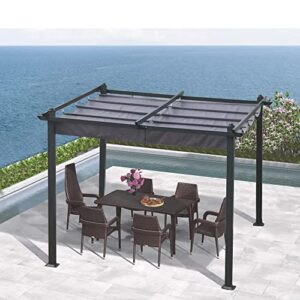 Outdoor Patio Retractable Pergola, Black Steel Frame with Gray Adjustable Sling Canopy Sunshelter Pergola for Gardens, Terraces, Backyard (10 Ft x 10 Ft, Gray)