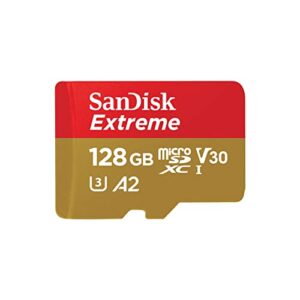 sandisk 128gb extreme microsdxc uhs-i memory card with adapter – up to 190mb/s, c10, u3, v30, 4k, 5k, a2, micro sd card – sdsqxaa-128g-gn6ma