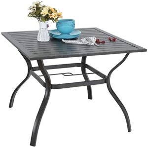 phi villa 37″ metal steel slat patio dining table square backyard bistro table outdoor furniture garden table, 1.57” umbrella hole, black