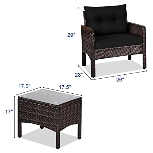 Tangkula 3 Piece Outdoor Patio Furniture Set, Wicker Chairs Set with Glass Top Coffee Table, Thick Cushions, All Weather Garden Lawn Poolside Backyard Porch Furniture Set for 2 (Black)