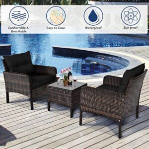Tangkula 3 Piece Outdoor Patio Furniture Set, Wicker Chairs Set with Glass Top Coffee Table, Thick Cushions, All Weather Garden Lawn Poolside Backyard Porch Furniture Set for 2 (Black)