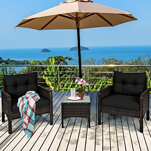 Tangkula 3 Piece Outdoor Patio Furniture Set, Wicker Chairs Set with Glass Top Coffee Table, Thick Cushions, All Weather Garden Lawn Poolside Backyard Porch Furniture Set for 2 (Black)