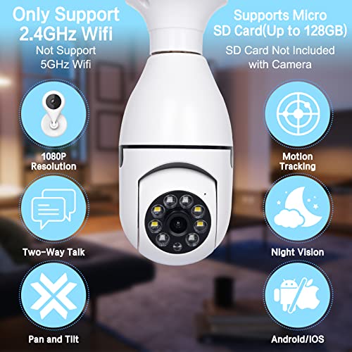DEXINLONG Wireless WiFi Light Bulb Camera, 360 Degree E27 Bulb Security Camera Outdoor, 1080P Home Surveillance Cameras System with Human Motion Detection and Alarm (White-1pc)