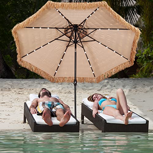 GDY 9 FT 32 LED Hula Thatched Tiki Umbrella, Hawaiian Style Beach Patio Umbrellas with Center Light for Patio Garden Beach Pool Backyard