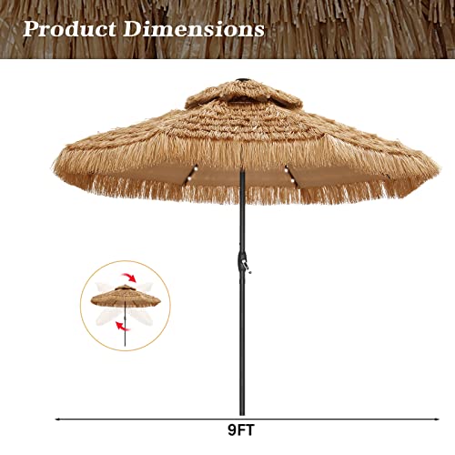 GDY 9 FT 32 LED Hula Thatched Tiki Umbrella, Hawaiian Style Beach Patio Umbrellas with Center Light for Patio Garden Beach Pool Backyard