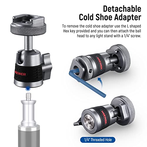 NEEWER Mini Ball Head with Removable Cold Shoe Mount and 1/4” Screw, Detachable Cold Shoe Base, 2 Way Installation Compatible with SmallRig Cage, DSLR Camera, Monitor, LED Video Light (2 Packs, ST44)