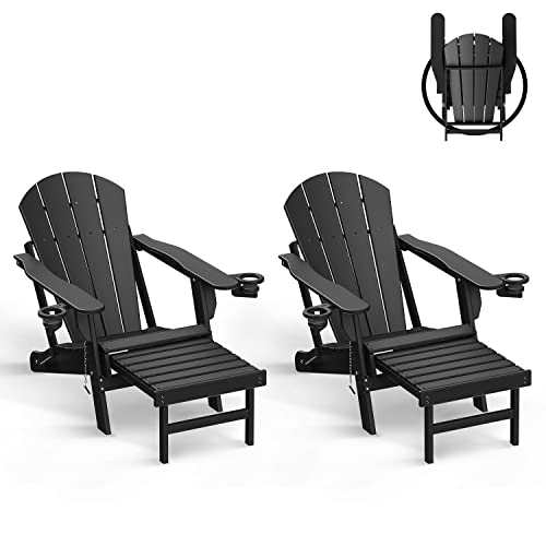 GREENVINES Folding Adirondack Chairs with Ottoman Set of 2, HDPE Plastic All-Weather Poolside Chair w/Cup Holders & Footrest for Fire Pit Campfire Deck Backyard Patio Outdoor Porch Lawn, Black