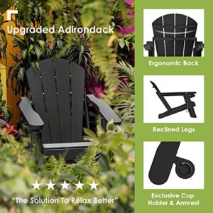 GREENVINES Folding Adirondack Chairs with Ottoman Set of 2, HDPE Plastic All-Weather Poolside Chair w/Cup Holders & Footrest for Fire Pit Campfire Deck Backyard Patio Outdoor Porch Lawn, Black