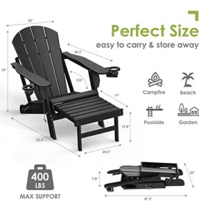 GREENVINES Folding Adirondack Chairs with Ottoman Set of 2, HDPE Plastic All-Weather Poolside Chair w/Cup Holders & Footrest for Fire Pit Campfire Deck Backyard Patio Outdoor Porch Lawn, Black