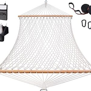 Cotton Rope Hammock with Tree Straps Kit, Ohuhu 52-Inch Wide 2 Person Hammocks for Outside with Bottle Holder & Side Pocket, All-in-One Double Hammock for Indoor Outdoor Garden Patio Yard Balcony