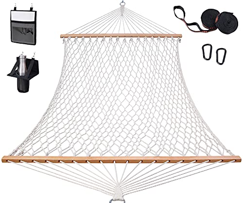 Cotton Rope Hammock with Tree Straps Kit, Ohuhu 52-Inch Wide 2 Person Hammocks for Outside with Bottle Holder & Side Pocket, All-in-One Double Hammock for Indoor Outdoor Garden Patio Yard Balcony