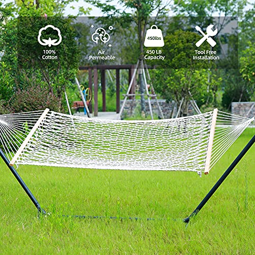 Cotton Rope Hammock with Tree Straps Kit, Ohuhu 52-Inch Wide 2 Person Hammocks for Outside with Bottle Holder & Side Pocket, All-in-One Double Hammock for Indoor Outdoor Garden Patio Yard Balcony