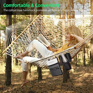 Cotton Rope Hammock with Tree Straps Kit, Ohuhu 52-Inch Wide 2 Person Hammocks for Outside with Bottle Holder & Side Pocket, All-in-One Double Hammock for Indoor Outdoor Garden Patio Yard Balcony