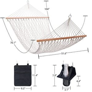 Cotton Rope Hammock with Tree Straps Kit, Ohuhu 52-Inch Wide 2 Person Hammocks for Outside with Bottle Holder & Side Pocket, All-in-One Double Hammock for Indoor Outdoor Garden Patio Yard Balcony