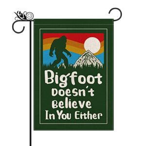 funny camper garden flags bigfoot doesn’t believe in you either vertical double sided camping trailer rv yard decorations 12.5×18 inch