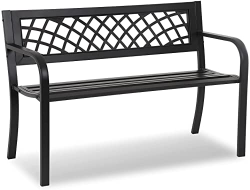 HGS Metal Bench Garden Bench Park Bench Outdoor Porch Chair 400 lbs Cast Iron Patio Bench with Anti-Rust Frame, Outdoor Steel Patio Furniture Bench for Path Yard Lawn Entryway Decor, Black, 46 IN