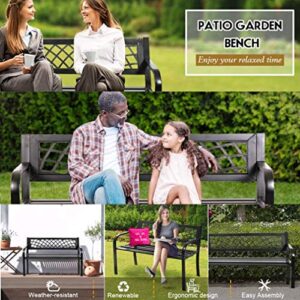 HGS Metal Bench Garden Bench Park Bench Outdoor Porch Chair 400 lbs Cast Iron Patio Bench with Anti-Rust Frame, Outdoor Steel Patio Furniture Bench for Path Yard Lawn Entryway Decor, Black, 46 IN