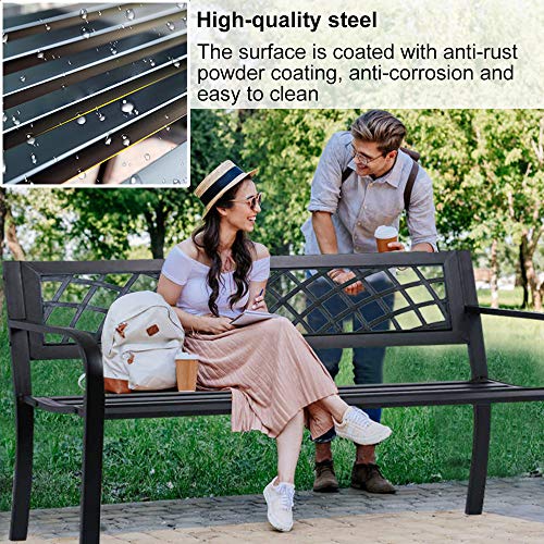 HGS Metal Bench Garden Bench Park Bench Outdoor Porch Chair 400 lbs Cast Iron Patio Bench with Anti-Rust Frame, Outdoor Steel Patio Furniture Bench for Path Yard Lawn Entryway Decor, Black, 46 IN