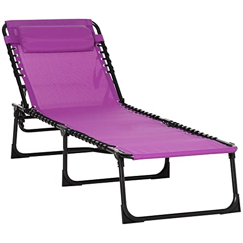 Outsunny Folding Chaise Lounge Pool Chairs, Outdoor Sun Tanning Chairs, Folding, Reclining Back, Steel Frame & Breathable Mesh for Beach, Yard, Patio, Purple