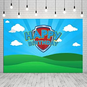 7x5ft Puppy Dog Happy Birthday Photography Backdrops Shield Blue Sky Boys Birthday Party Table Banner Background for 1st