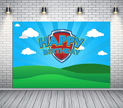 7x5ft Puppy Dog Happy Birthday Photography Backdrops Shield Blue Sky Boys Birthday Party Table Banner Background for 1st