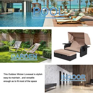 B BAIJIAWEI Outdoor Wicker Loveseat - Patio Furniture Set with Retractable Canopy, Adjustable Back, Side Table, Ottoman, Cushion - PE Rattan Sofa Set for Garden Poolside Backyard Lawn Porch