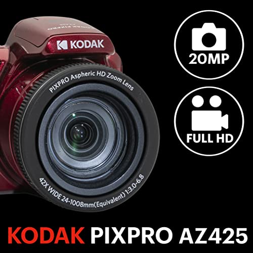 KODAK PIXPRO Astro Zoom AZ425-RD 20MP Digital Camera with 42X Optical Zoom 24mm Wide Angle 1080P Full HD Video Optical Image Stabilization Li-Ion Battery and 3" LCD (Red)