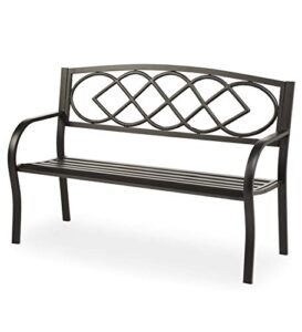 plow & hearth celtic knot patio garden bench park yard outdoor furniture| cast and tubular iron metal| powder coat black finish| classic decorative design| easy assembly 50″ l x 17 1/2″ w x 34 1/2″ h
