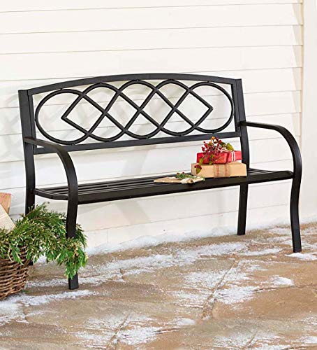 Plow & Hearth Celtic Knot Patio Garden Bench Park Yard Outdoor Furniture| Cast and Tubular Iron Metal| Powder Coat Black Finish| Classic Decorative Design| Easy Assembly 50" L x 17 1/2" W x 34 1/2" H