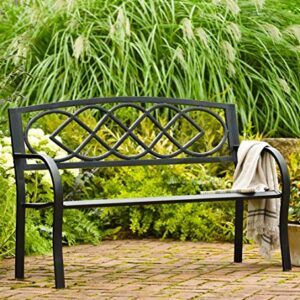 Plow & Hearth Celtic Knot Patio Garden Bench Park Yard Outdoor Furniture| Cast and Tubular Iron Metal| Powder Coat Black Finish| Classic Decorative Design| Easy Assembly 50" L x 17 1/2" W x 34 1/2" H