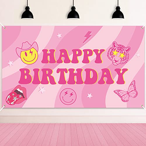 AellasNervalt Preppy Birthday Party Backdrop Hot Pink Smiling Face Lip Butterfly Banner Extra Large Y2k Happy Birthday Background Banners Photo Booth Prop Decor Supplies for Girls Party 6.6 x 3.8 ft