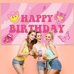 AellasNervalt Preppy Birthday Party Backdrop Hot Pink Smiling Face Lip Butterfly Banner Extra Large Y2k Happy Birthday Background Banners Photo Booth Prop Decor Supplies for Girls Party 6.6 x 3.8 ft