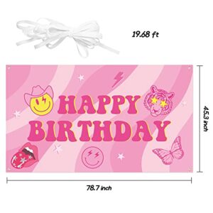 AellasNervalt Preppy Birthday Party Backdrop Hot Pink Smiling Face Lip Butterfly Banner Extra Large Y2k Happy Birthday Background Banners Photo Booth Prop Decor Supplies for Girls Party 6.6 x 3.8 ft