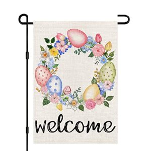 welcome easter garden flag 12×18 inch burlap double sided outside, easter eggs sign yard outdoor small decoration df214