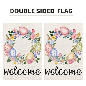 Welcome Easter Garden Flag 12x18 Inch Burlap Double Sided Outside, Easter Eggs Sign Yard Outdoor Small Decoration DF214