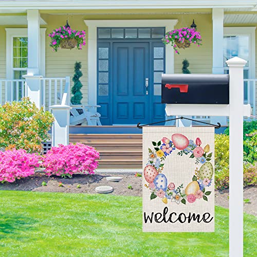 Welcome Easter Garden Flag 12x18 Inch Burlap Double Sided Outside, Easter Eggs Sign Yard Outdoor Small Decoration DF214