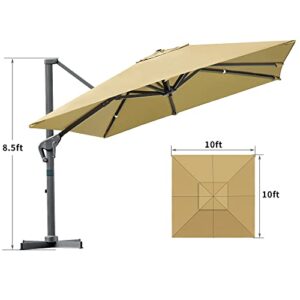 YITAHOME 10x10ft Patio Umbrella Outdoor Cantilever Umbrella Square Offset Umbrella w/Heavy Duty Aluminum Frame & Cross Base for Garden Pool Backyard Market (Khaki)